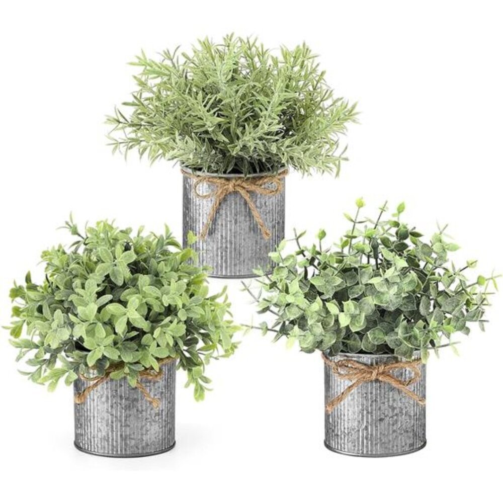 Mini Fake Plants in Farmhouse Galvanized Metal Pots Table Centerpiece Rustic